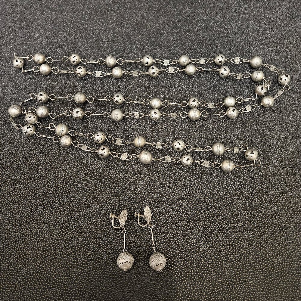 CANNETILLE FILIGREE BALL & LASSO WEDDING NECKLACE W/ MATCHING BALL DROP EARRINGS